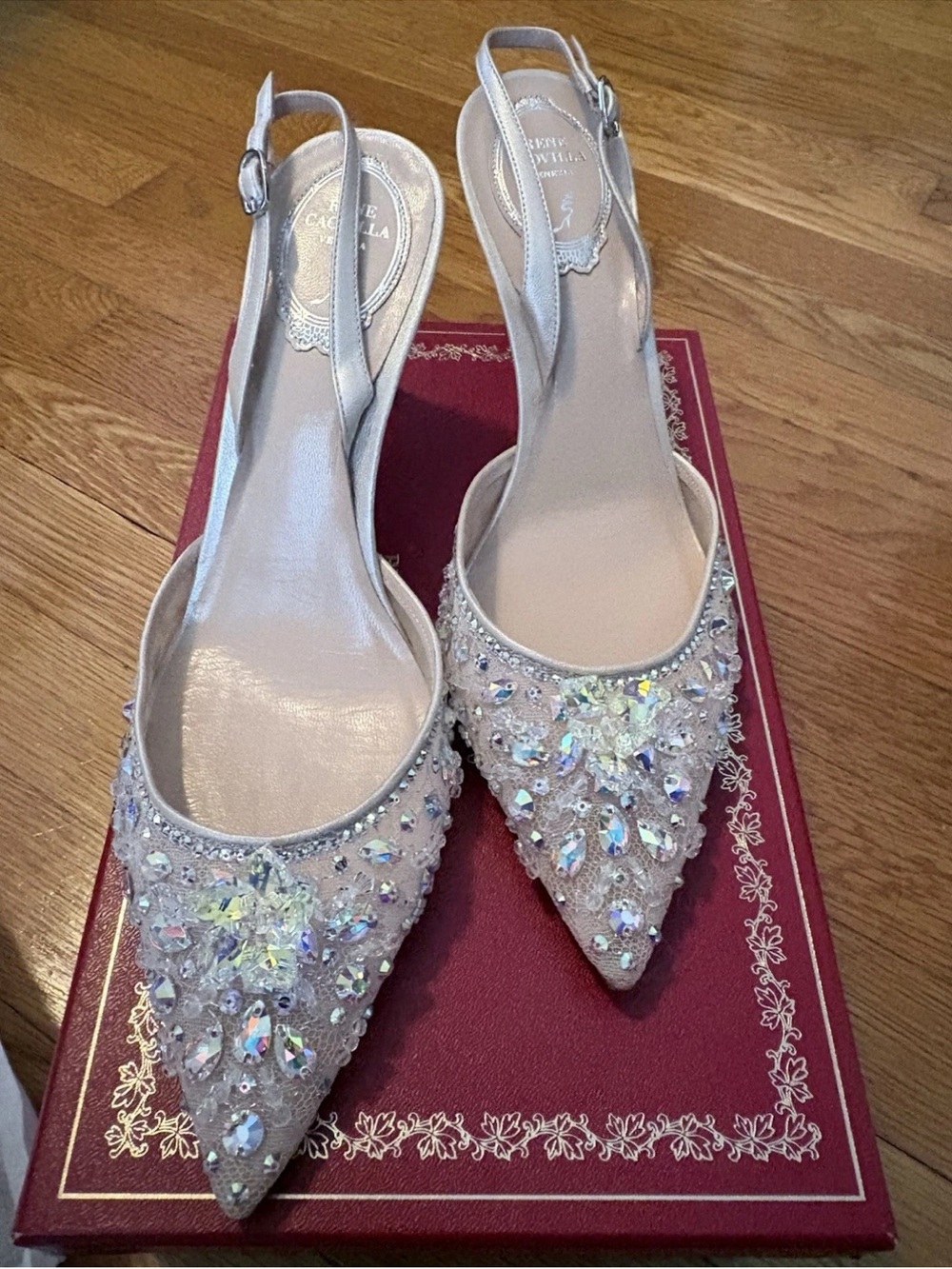 RENE CAOVILLA Nude Cinderella Crystal 80mm Pumps 38.5 New & Authentic